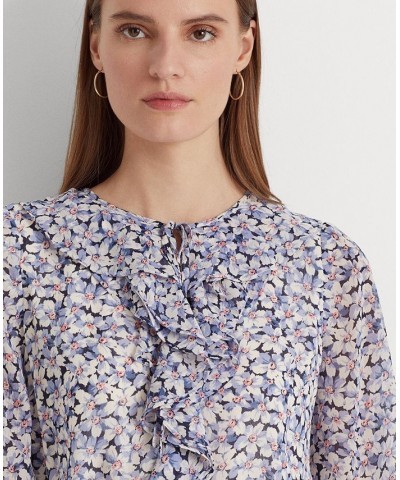 Women's Floral Crinkle Georgette Dress Blue/Cream/Pink $96.35 Dresses