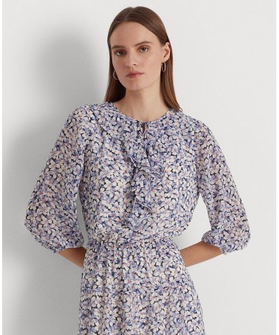 Women's Floral Crinkle Georgette Dress Blue/Cream/Pink $96.35 Dresses