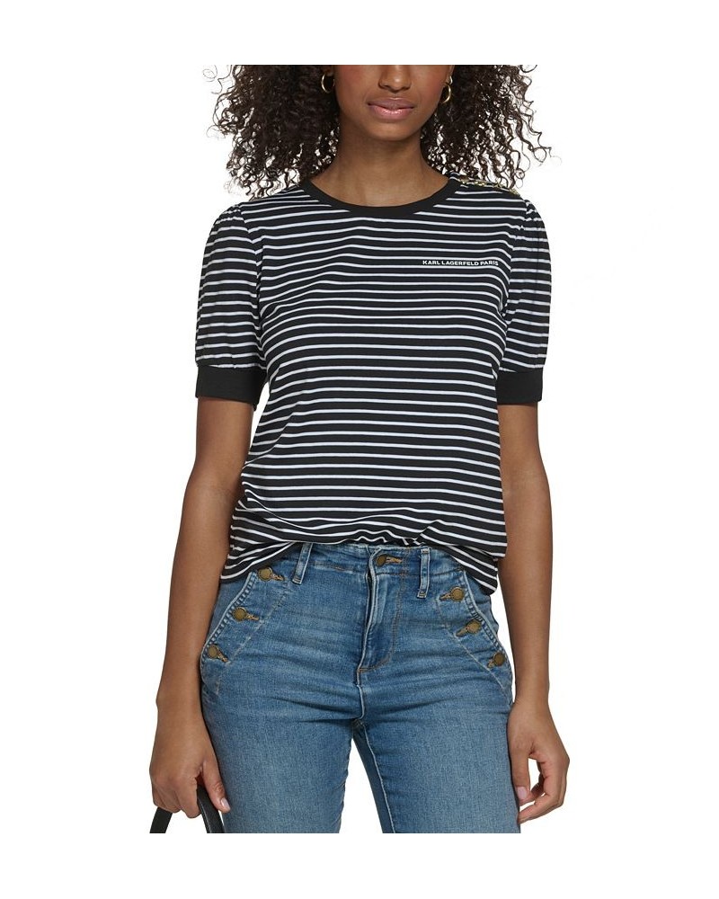 Women's Stripe Button-Shoulder Top Black/ White $38.16 Tops