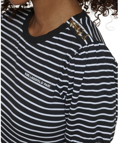 Women's Stripe Button-Shoulder Top Black/ White $38.16 Tops