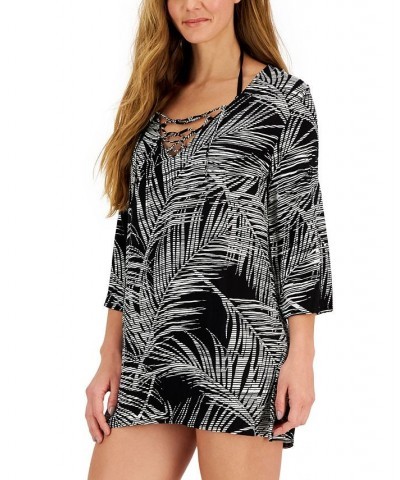 Women's Lace-Up Tunic Cover-Up Black/White $26.88 Swimsuits