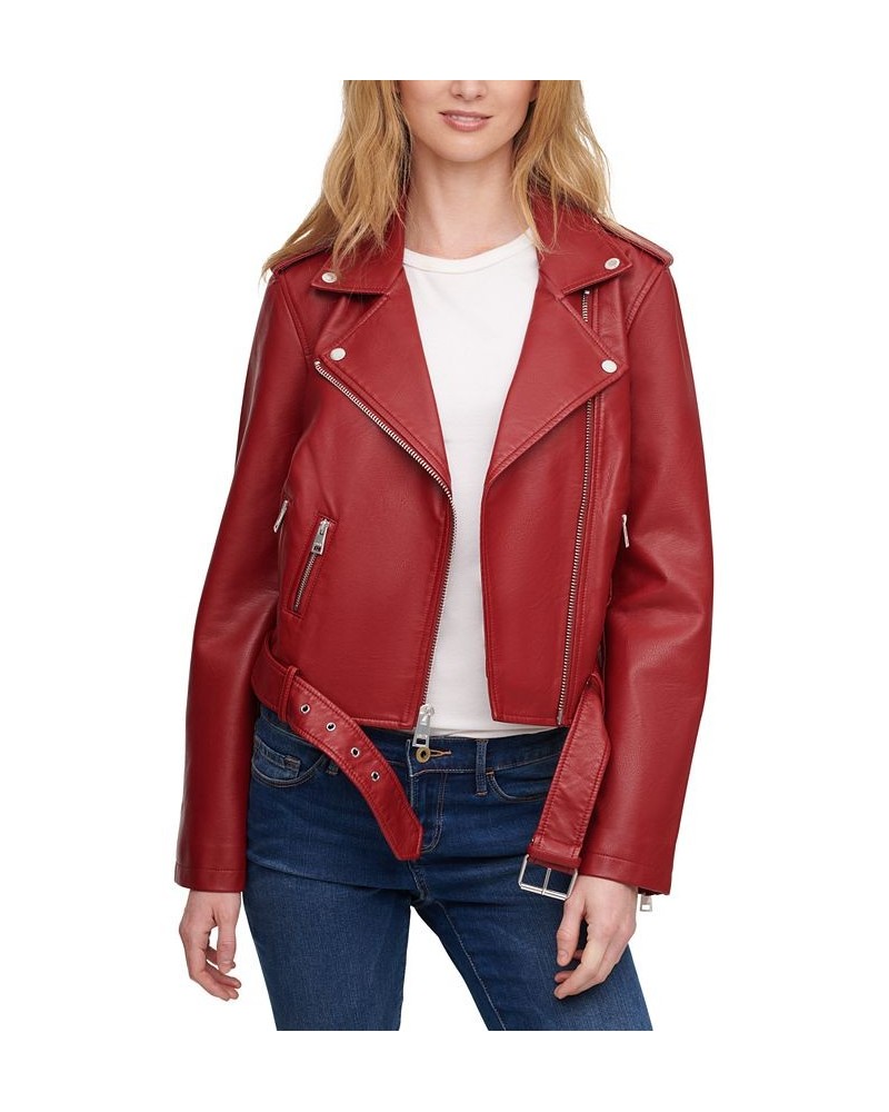 Women's Faux-Leather Moto Jacket Deep Red $32.90 Jackets