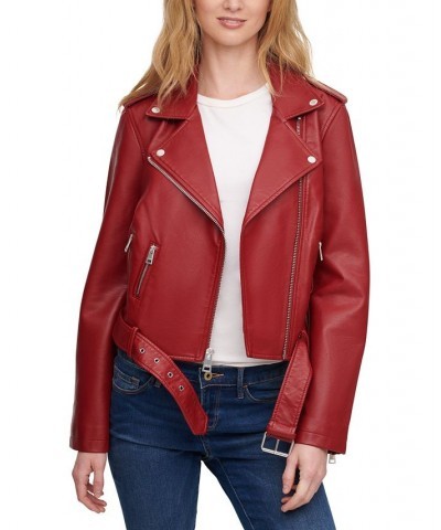 Women's Faux-Leather Moto Jacket Deep Red $32.90 Jackets