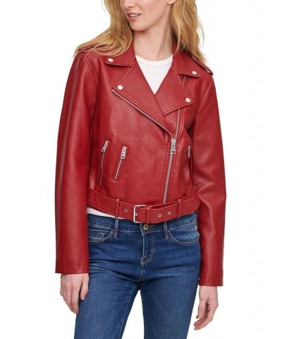 Women's Faux-Leather Moto Jacket Deep Red $32.90 Jackets