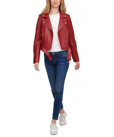 Women's Faux-Leather Moto Jacket Deep Red $32.90 Jackets