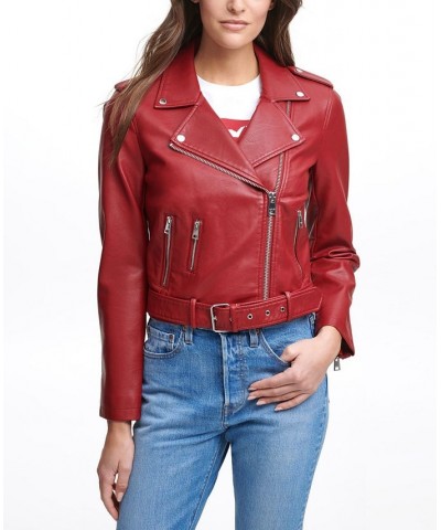 Women's Faux-Leather Moto Jacket Deep Red $32.90 Jackets