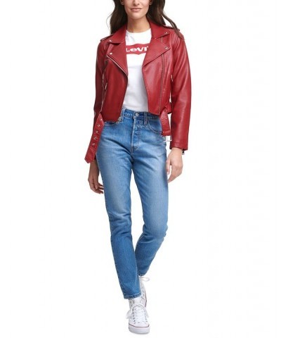 Women's Faux-Leather Moto Jacket Deep Red $32.90 Jackets