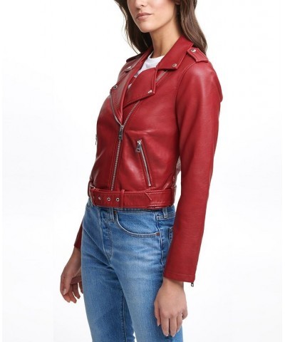 Women's Faux-Leather Moto Jacket Deep Red $32.90 Jackets