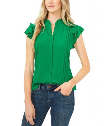 Women's Short Sleeve Pin-tuck Ruffled Button-up Blouse Green $41.87 Tops