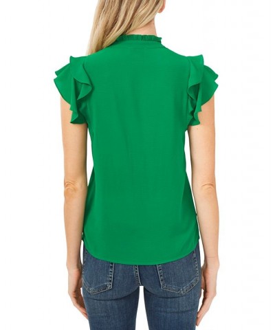 Women's Short Sleeve Pin-tuck Ruffled Button-up Blouse Green $41.87 Tops