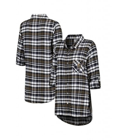 Women's Black Vegas Golden Knights Mainstay Flannel Full-Button Three-Quarter Sleeve Nightshirt Black $29.92 Pajama