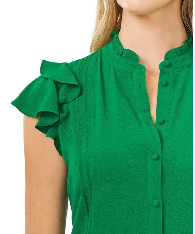 Women's Short Sleeve Pin-tuck Ruffled Button-up Blouse Green $41.87 Tops