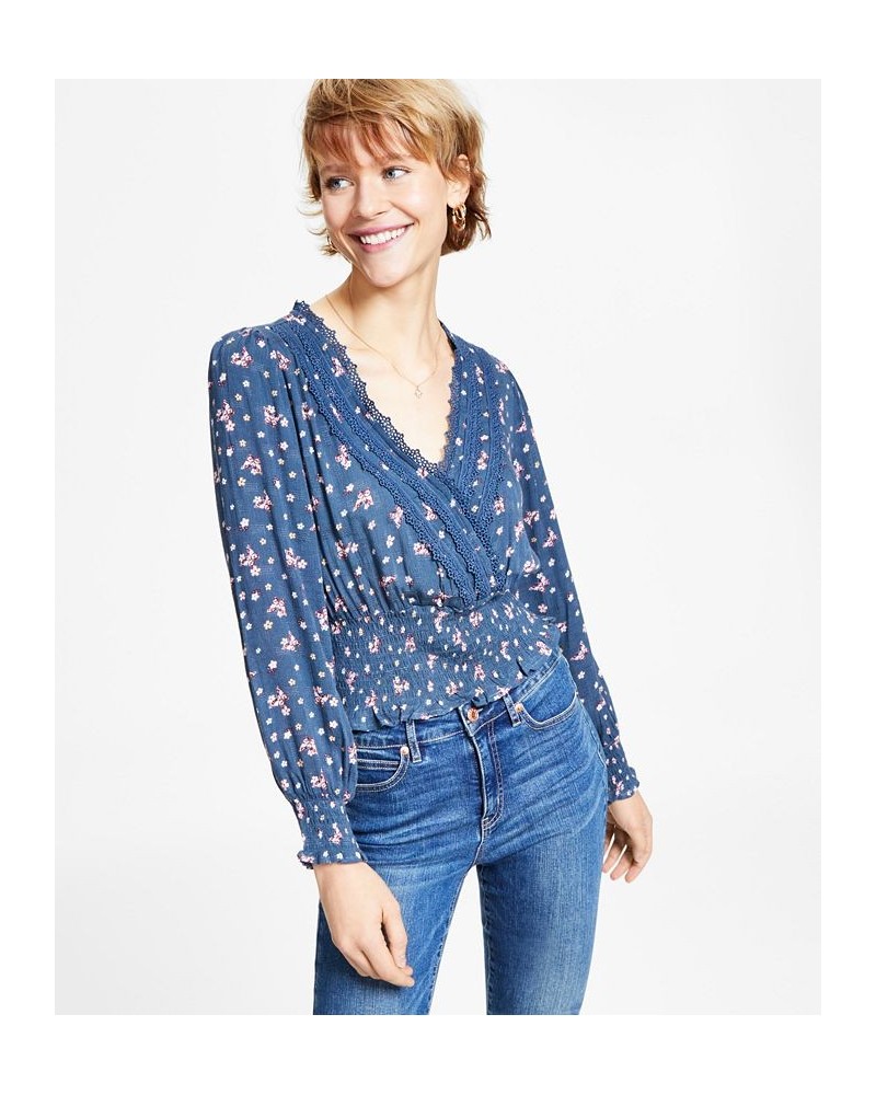 Juniors' Printed Crochet-Trim Woven Top Midnight Floral $14.10 Tops