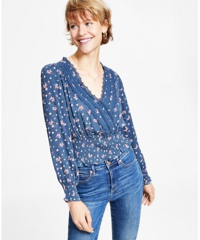 Juniors' Printed Crochet-Trim Woven Top Midnight Floral $14.10 Tops