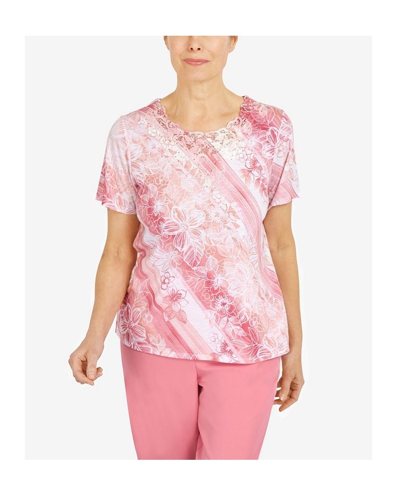 Petite Diagonal Etched Floral Top Rose $30.96 Tops