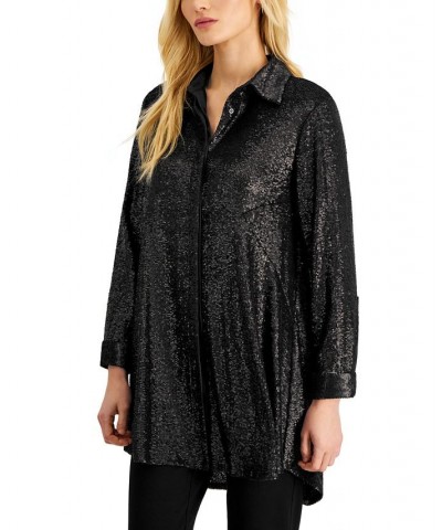 Women's Sequined Tunic Button-Down Shirt Black $107.10 Tops