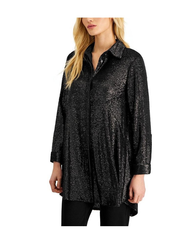 Women's Sequined Tunic Button-Down Shirt Black $107.10 Tops