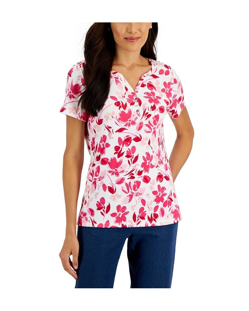 Women's Short-Sleeve Floral-Print Henley Top Red $10.79 Tops