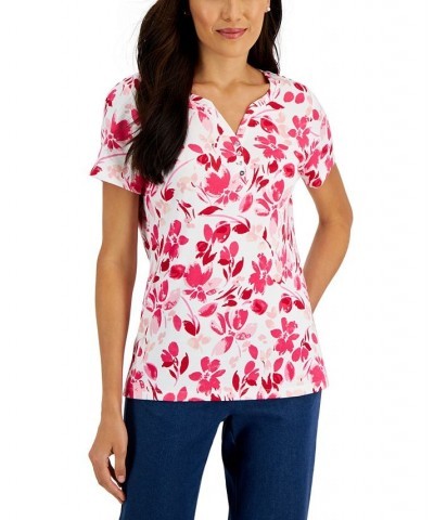 Women's Short-Sleeve Floral-Print Henley Top Red $10.79 Tops