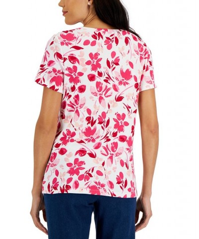 Women's Short-Sleeve Floral-Print Henley Top Red $10.79 Tops