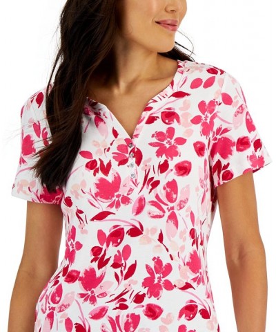 Women's Short-Sleeve Floral-Print Henley Top Red $10.79 Tops