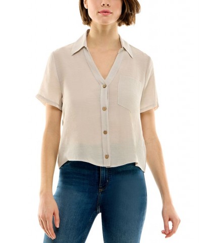 Juniors' Button-Front Short-Sleeve Boxy Camp Shirt Sand $22.05 Tops