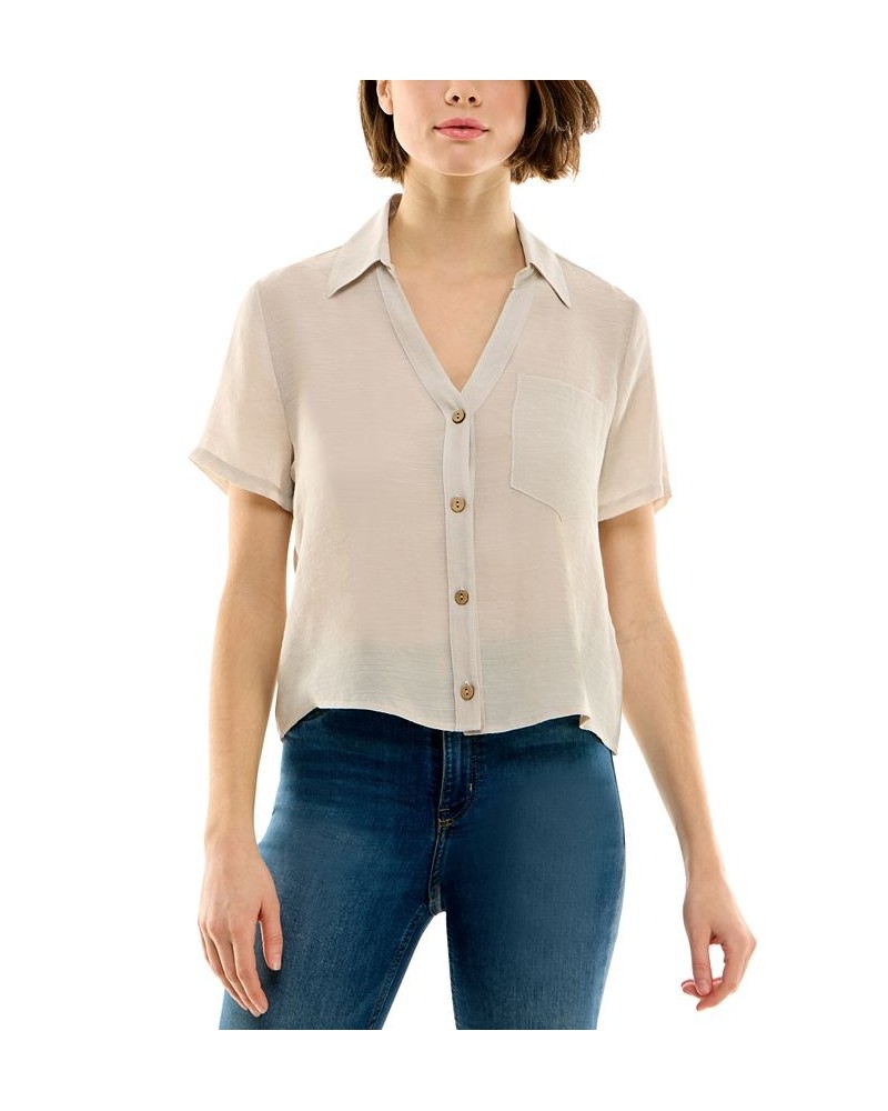 Juniors' Button-Front Short-Sleeve Boxy Camp Shirt Sand $22.05 Tops