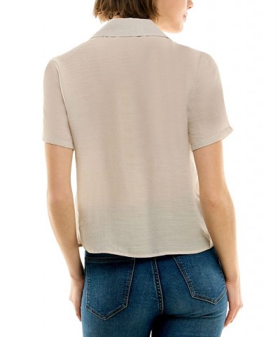 Juniors' Button-Front Short-Sleeve Boxy Camp Shirt Sand $22.05 Tops