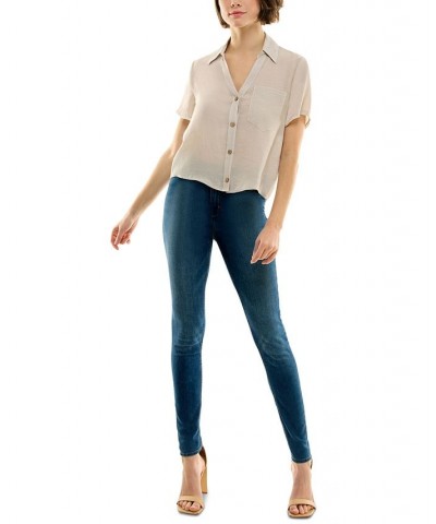 Juniors' Button-Front Short-Sleeve Boxy Camp Shirt Sand $22.05 Tops