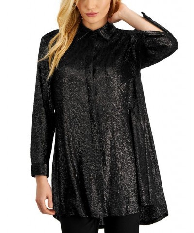 Women's Sequined Tunic Button-Down Shirt Black $107.10 Tops