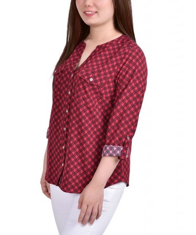 Women's 3/4 Roll Tab Sleeve Mandarin Collar Blouse Jesper Red, Black New Iconic $13.44 Tops