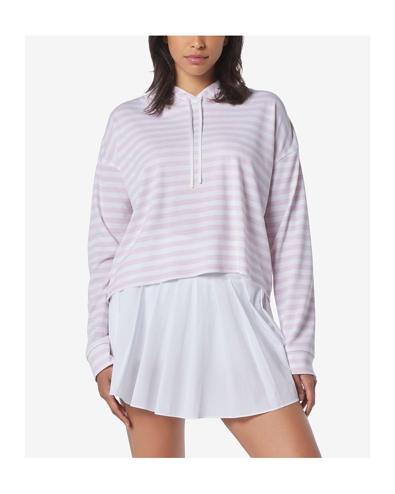 Women's Long Sleeve Stripe Pique Boxy Hoodie Baby Pink, White $21.34 Tops