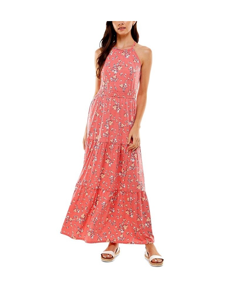 Juniors' Printed Halter Maxi Dress Pink/Teal $24.01 Dresses