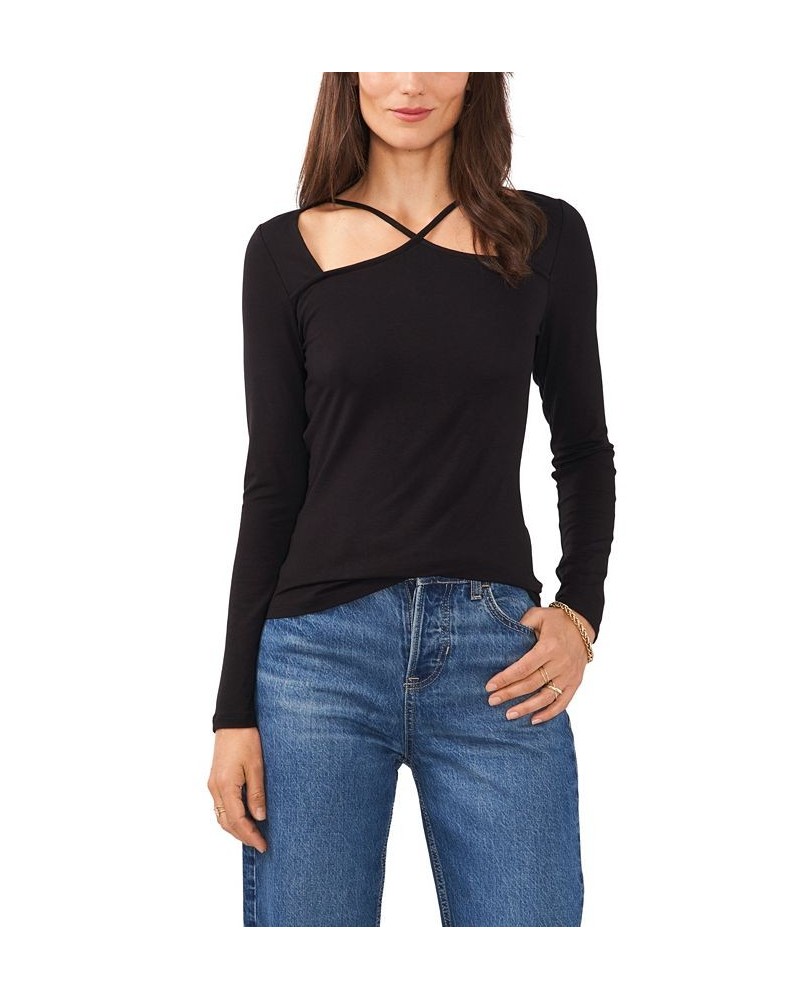 Women's Halter Strappy Long Sleeve Top Rich Black $21.49 Tops