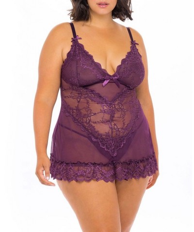 Plus Size Lace Babydoll with Bows & Thong 2pc Lingerie Set Purple $19.25 Lingerie