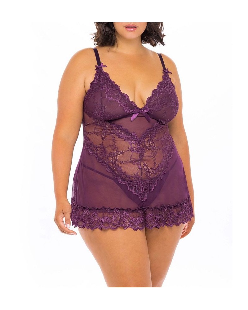 Plus Size Lace Babydoll with Bows & Thong 2pc Lingerie Set Purple $19.25 Lingerie