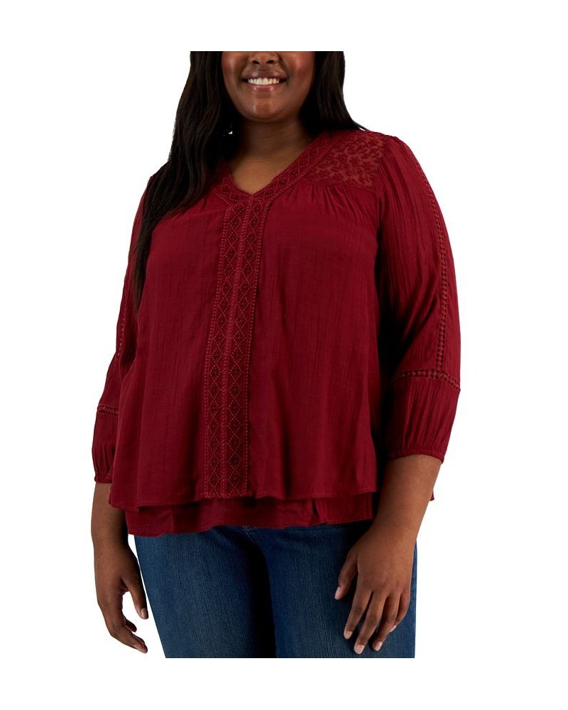 Plus Size Lace-Trim Long-Sleeve Top Red $15.51 Tops