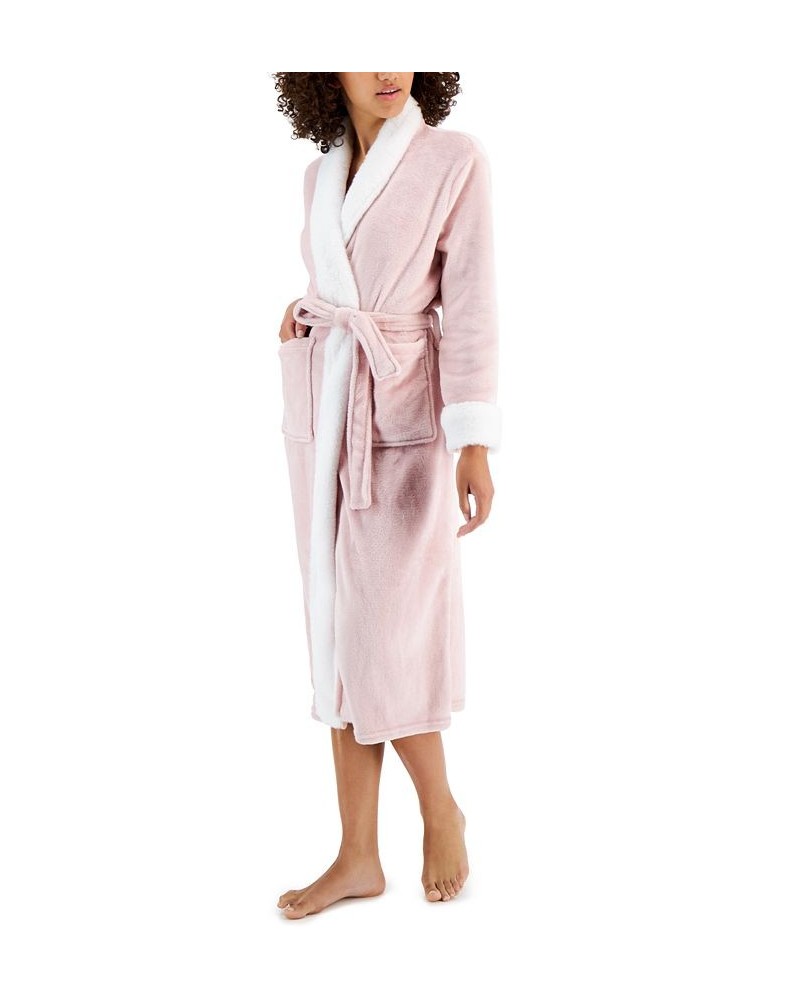 Women's Plush Faux-Fur Trim Long Wrap Robe Chalky Rose $22.57 Sleepwear