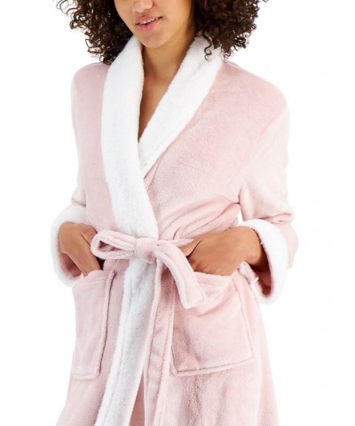 Women's Plush Faux-Fur Trim Long Wrap Robe Chalky Rose $22.57 Sleepwear