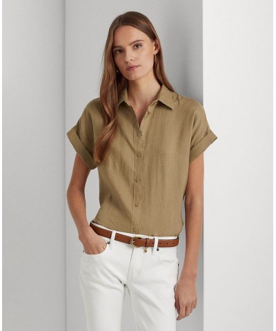 Dolman-Sleeve Linen Shirt Spring Khaki $53.66 Tops