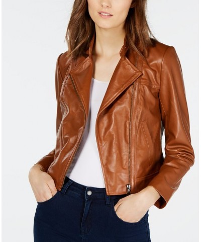 Leather Moto Jacket Regular & Petite Sizes Brown $106.60 Jackets