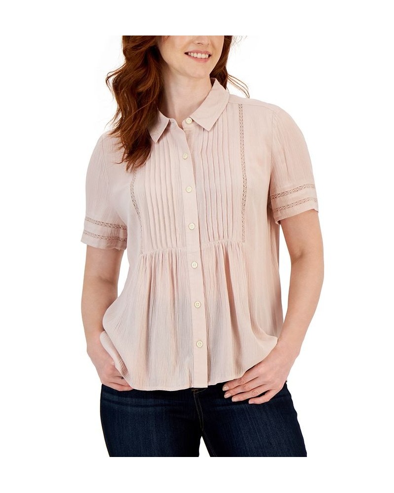 Women's Pintuck Short-Sleeve Button-Front Shirt Regular & Petites Mocha Rose $20.16 Tops