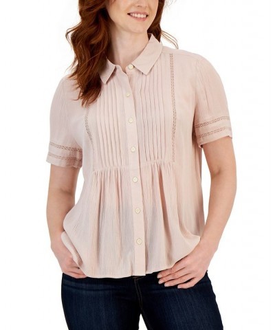 Women's Pintuck Short-Sleeve Button-Front Shirt Regular & Petites Mocha Rose $20.16 Tops