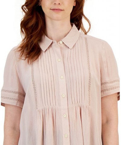 Women's Pintuck Short-Sleeve Button-Front Shirt Regular & Petites Mocha Rose $20.16 Tops