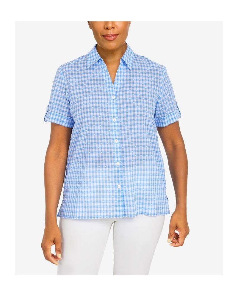 Petite Classics Stencil Floral Short Sleeve Button Down Top Blue $31.61 Tops