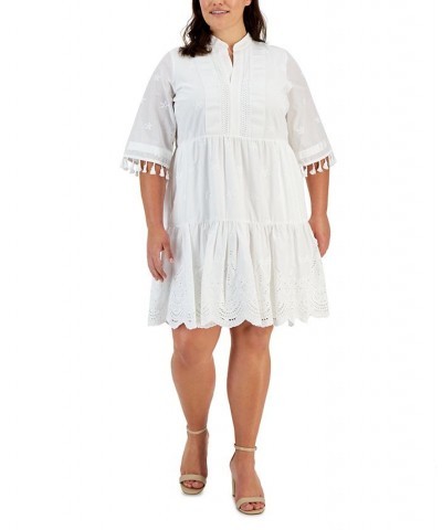 Plus Size Eyelet Tasseled-Sleeve Tiered Dress Ivory $82.81 Dresses