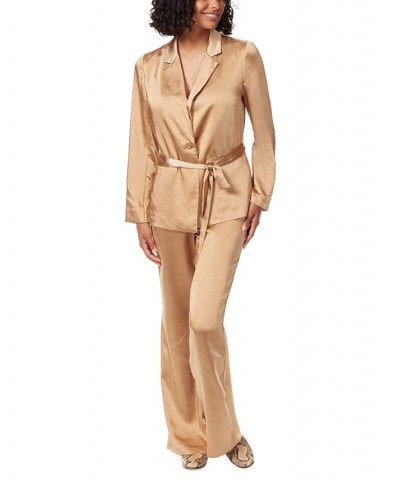 Women's Lyra Belted Notched-Collar Satin Blazer Tan/Beige $48.13 Jackets