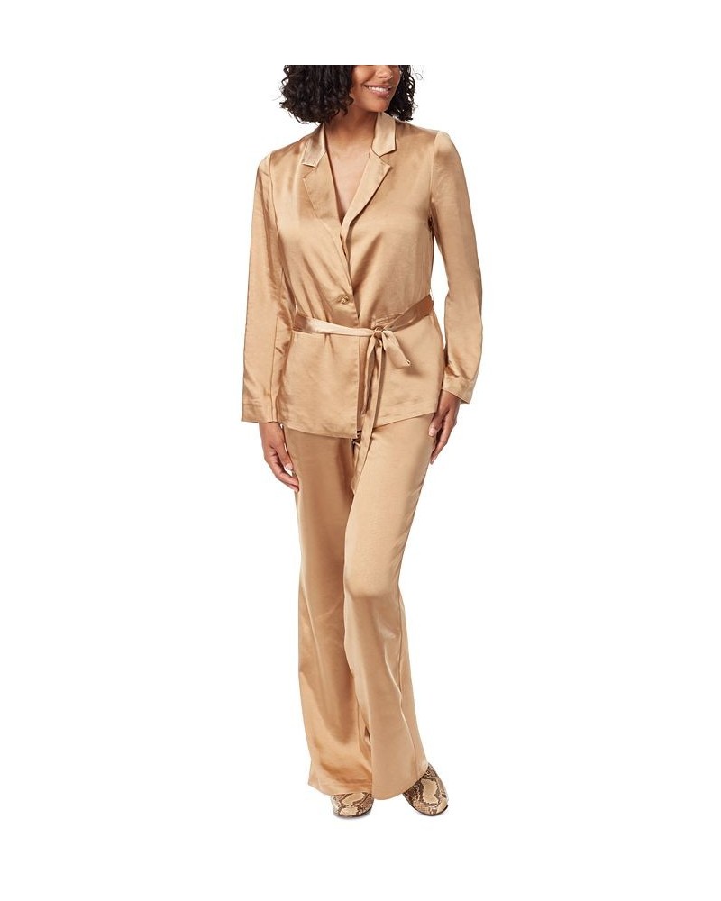 Women's Lyra Belted Notched-Collar Satin Blazer Tan/Beige $48.13 Jackets