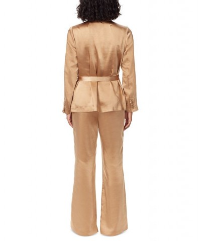 Women's Lyra Belted Notched-Collar Satin Blazer Tan/Beige $48.13 Jackets