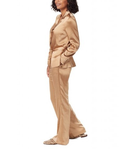 Women's Lyra Belted Notched-Collar Satin Blazer Tan/Beige $48.13 Jackets